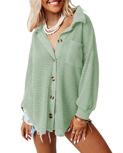 DUOEASE Bluse Damen Langarm Cardigan mit V-Ausschnitt Waffel Oberteile Blusen locker Hemdjacke Shirts Lässiges Hemdbluse (Hellgrün M) von DUOEASE