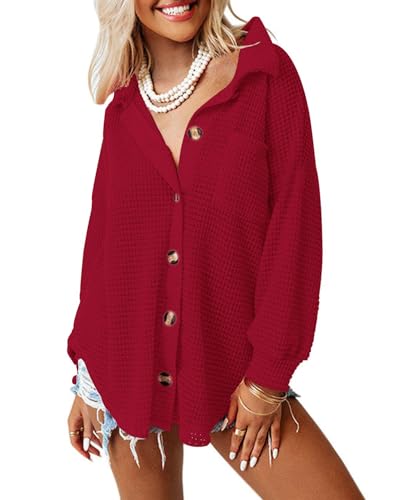DUOEASE Bluse Damen Langarm Cardigan mit V-Ausschnitt Waffel Oberteile Blusen locker Hemdjacke Shirts Lässiges Hemdbluse (Rot M) von DUOEASE