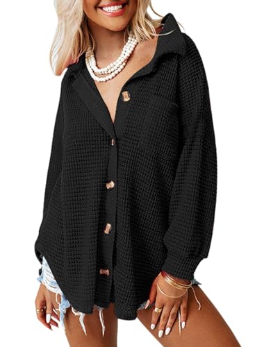 DUOEASE Bluse Damen Langarm Schwarz Cardigan mit V-Ausschnitt Waffel Oberteile Blusen locker Hemdjacke Shirts Lässiges Hemdbluse XL von DUOEASE