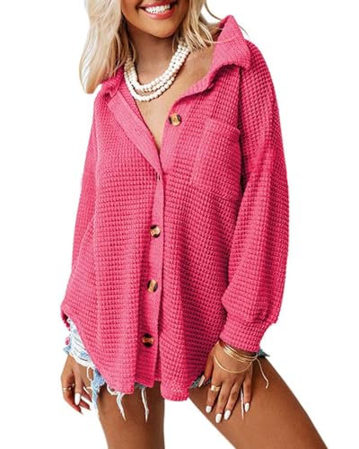 DUOEASE Bluse Damen Langarm Strickjacken mit V-Ausschnitt Waffel Cardigan Oberteile locker Hemdjacke Shirts Lässiges Hemdbluse (Rosa XL) von DUOEASE