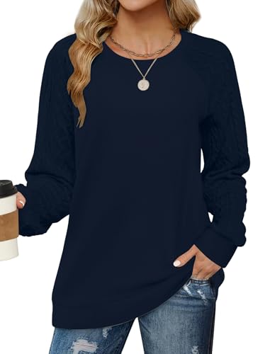 DUOEASE Damen Pullover Langarm Sweatshirt Winter Oberteile Rundhalsausschnitt Langarmshirt Longsleeve Lockere Pulli Lässiges Shirt(Dunkelblau S) von DUOEASE