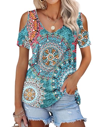 DUOEASE Damen Tshirt Sommer Kurzarm Tunika V Ausschnitt Tops(Blumen-Grün,XL) von DUOEASE