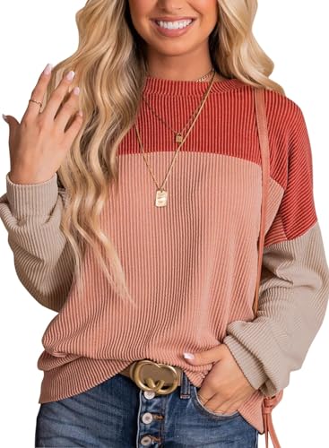 DUOEASE Farbblock Pullover Damen 2024 Winter Rundhals Oversied Sweatshirt Oberteile Textured Langarmshirt von DUOEASE