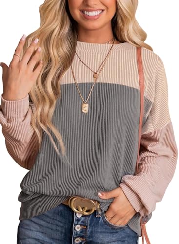 DUOEASE Farbblock Pullover Damen 2024 Winter Rundhals Oversied Sweatshirt Oberteile Textured Langarmshirt von DUOEASE