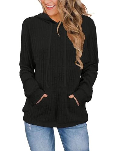 DUOEASE Kapuzenpullover Damen Elegant Einfarbig Pullover Schwarz Damen Langarm Casual Hoodie Top L von DUOEASE