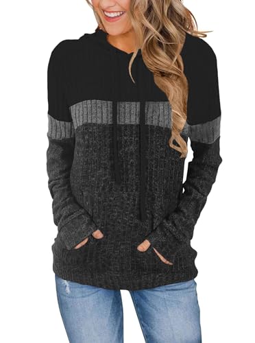 DUOEASE Kapuzenpullover Damen Farbblock Casual Langarm Oberteile Elegant Hoodie Pullover Damen(Schwarz-Grau L) von DUOEASE