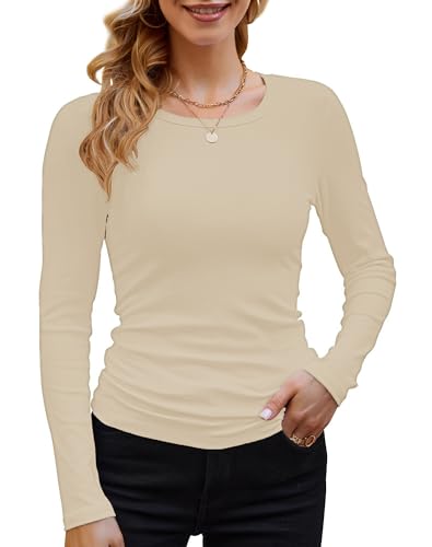 DUOEASE Langarmshirt Damen Basic Longsleeve Elegant Langarm Oberteile Rippshirt Tshirts Tops（Cremeweiß,XS von DUOEASE
