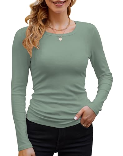 DUOEASE Langarmshirt Damen Basic Longsleeve Elegant Langarm Oberteile Rippshirt Tshirts Tops（Lichtgrün,XS von DUOEASE