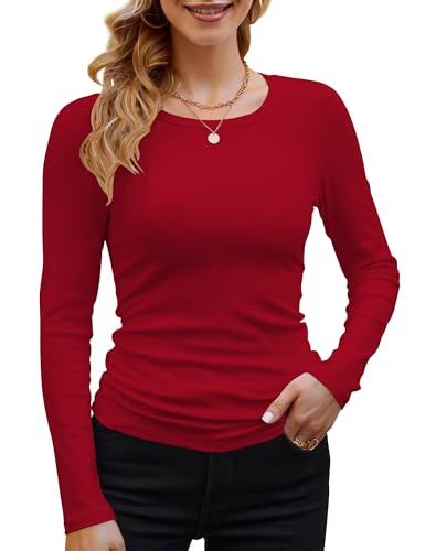 DUOEASE Langarmshirt Damen Basic Longsleeve Elegant Langarm Oberteile Rippshirt Tshirts Tops（Rot,L von DUOEASE