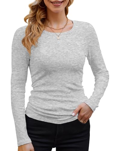 DUOEASE Langarmshirt Damen Basic Longsleeve Elegant Langarm Oberteile Rippshirt Tshirts Tops（Stelle Grau,S von DUOEASE