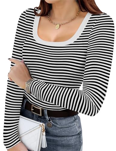 DUOEASE Langarmshirt Damen Basic Slim Fit Einfarbig Top U Ausschnitt Stretch Tshirt Elegant Casual Oberteile Damen(Black White Stripe XL von DUOEASE
