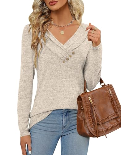 DUOEASE Langarmshirt Damen Elegant Pullover Herbst Winter Casual V-Ausschnitt Oberteile(Aprikose,S) von DUOEASE