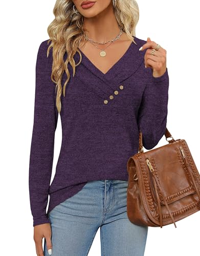DUOEASE Langarmshirt Damen Elegant Pullover Herbst Winter Casual V-Ausschnitt Oberteile(Dunkelviolet,S) von DUOEASE