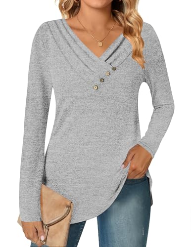 DUOEASE Langarmshirt Damen Elegant Pullover Herbst Winter Casual V-Ausschnitt Oberteile(Hellgrau,S) von DUOEASE