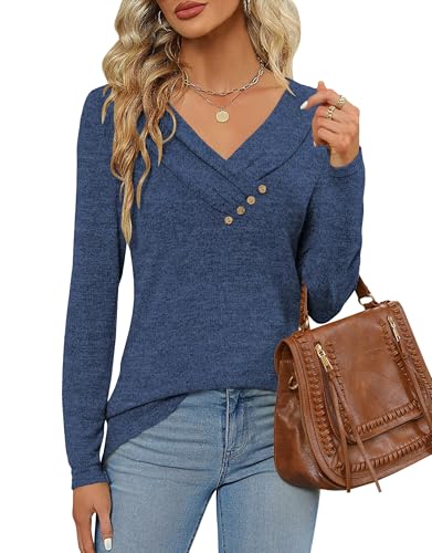 DUOEASE Langarmshirt Damen Elegant Pullover Herbst Winter Casual V-Ausschnitt Oberteile(Hübsches Blau,S) von DUOEASE