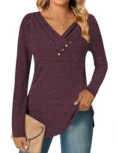DUOEASE Langarmshirt Damen Elegant Pullover Herbst Winter Casual V-Ausschnitt Oberteile(Weinrot,2XL) von DUOEASE