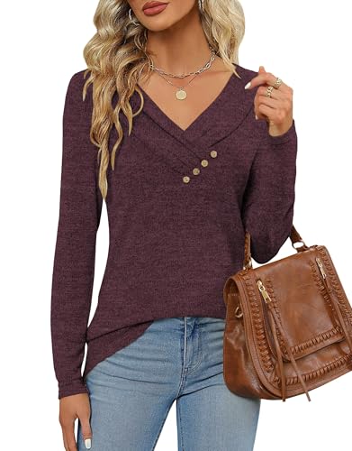 DUOEASE Langarmshirt Damen Elegant Pullover Herbst Winter Casual V-Ausschnitt Oberteile(Weinrot,S) von DUOEASE