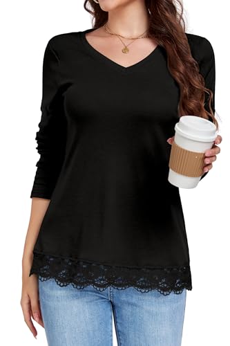 DUOEASE Langarmshirt Damen Herbst Winter Tunika Langarm Spitzensaum Elegant T Shirt Leichter Oberteile(Aktives Schwarz,3XL) von DUOEASE