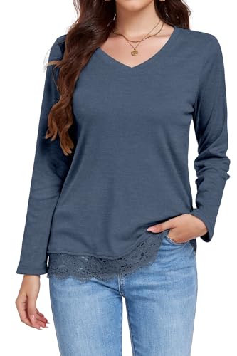 DUOEASE Langarmshirt Damen Herbst Winter Tunika Langarm Spitzensaum Elegant T Shirt Leichter Oberteile(Haze Blau,3XL) von DUOEASE