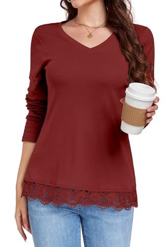 DUOEASE Langarmshirt Damen Herbst Winter Tunika Langarm Spitzensaum Elegant T Shirt Leichter Oberteile(Kirschrot,3XL) von DUOEASE