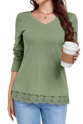 DUOEASE Langarmshirt Damen Herbst Winter Tunika Langarm Spitzensaum Elegant T Shirt Leichter Oberteile(Salbeigrau,3XL) von DUOEASE