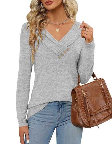 DUOEASE Langarmshirt Damen Herbst Winter V-Ausschnitt Tunika Elegant Einfarbig Casual Sweatshirt(Hellgrau,M) von DUOEASE