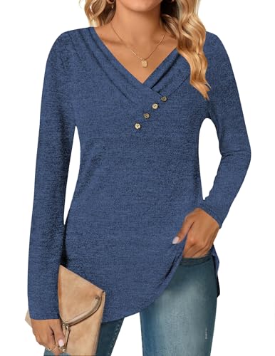 DUOEASE Langarmshirt Damen Herbst Winter V-Ausschnitt Tunika Elegant Einfarbig Casual Sweatshirt(Hübsches Blau,M) von DUOEASE