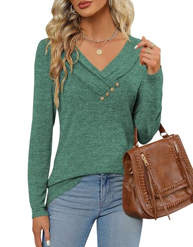 DUOEASE Langarmshirt Damen Herbst Winter V-Ausschnitt Tunika Elegant Einfarbig Casual Sweatshirt(Waldgrün,M) von DUOEASE