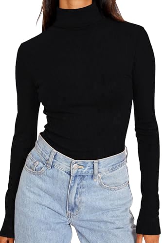 DUOEASE Langarmshirt Damen Schwarz Basic Rollkragen Herbst Winter Tshirt Slim Fit Casual Einfarbig Rollkragenpullover Damen XS von DUOEASE