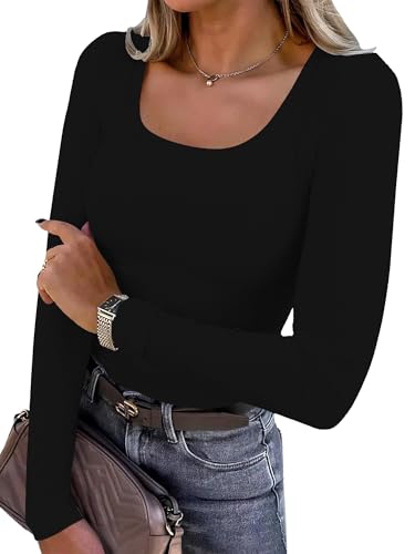 DUOEASE Langarmshirt Damen Schwarz Basic U Ausschnitt Tshirt Slim Fit Casual Einfarbig Oberteile Damen XS von DUOEASE
