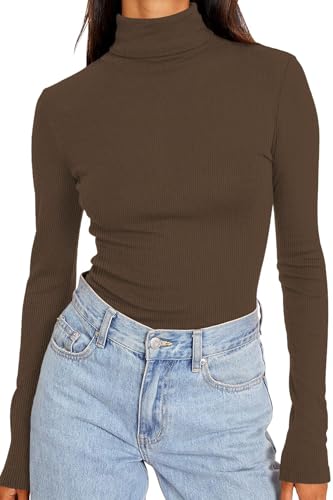 DUOEASE Langarmshirt Damen Slim Fit Casual Gerippt Rollkragenpullover Damen Herbst Winter Top Basic Einfarbig Langarm Tshirt(Braun S von DUOEASE