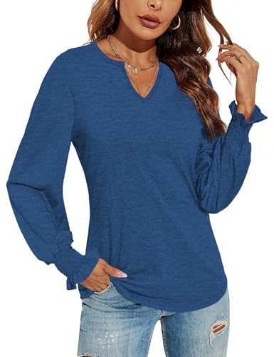 DUOEASE Langarmshirt Damen V-Ausschnitt Pullover Damen Puffärmel Oberteile Herbst Tunika Blau-XL von DUOEASE