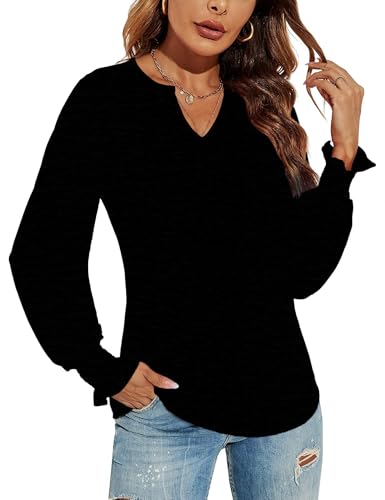 DUOEASE Langarmshirt Damen V-Ausschnitt Pullover Damen Puffärmel Oberteile Herbst Tunika Schwarz-M von DUOEASE