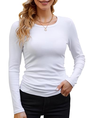 Langarmshirt Damen Weiß Rundhal Pullover Elegant Langarm Oberteile Rippshirt Tshirts Basic Tops Groß von DUOEASE
