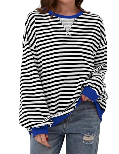 DUOEASE Langarmshirt Damen Y2K Streifen Oberteile Herbst Rundhals Pullover Sweatshirt(Schwarz,S) von DUOEASE