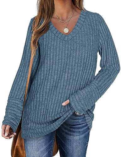 DUOEASE Langarmshirt Damene Legant Herbst Pullover Basic Casual V-Ausschnitt Oberteiles(Blau,XL) von DUOEASE