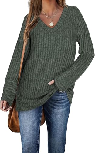 DUOEASE Langarmshirt Damene Legant Herbst Pullover Basic Casual V-Ausschnitt Oberteiles(Dunkelgrün,XL) von DUOEASE