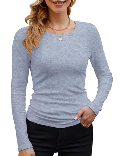 DUOEASE Langarmshirt Mit Rippenbündchen Damen Rundhal Pullover Elegant Oberteile Gerippt Tshirts Basic Tops（Himmelblau,M von DUOEASE