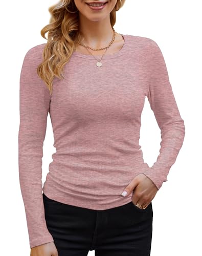 DUOEASE Langarmshirt Mit Rippenbündchen Damen Rundhal Pullover Elegant Oberteile Gerippt Tshirts Basic Tops（Rosa,M von DUOEASE