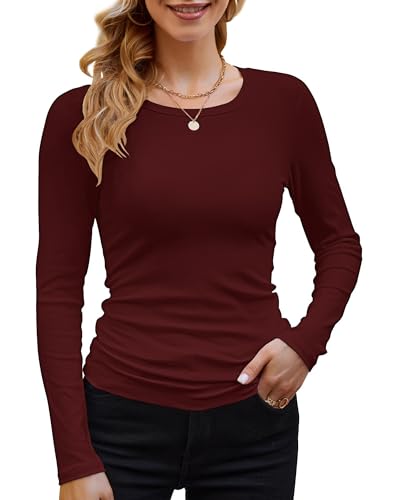 DUOEASE Langarmshirt Mit Rippenbündchen Damen Rundhal Pullover Elegant Oberteile Gerippt Tshirts Basic Tops（Weinrot,M von DUOEASE