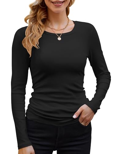 DUOEASE Langarmshirt Mit Rippenbündchen Damen Schwarzer Rundhal Pullover Elegant Oberteile Gerippt Tshirts Basic Tops Medium von DUOEASE
