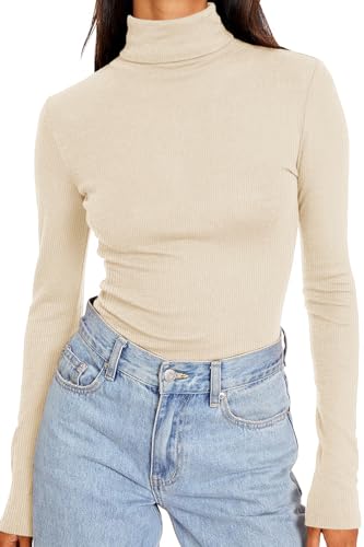 DUOEASE Longsleeve Damen Elegant Basic Rollkragen Tshirt Damen Slim Fit Gerippt Langarm Oberteile Herbst Winter Top(Beige XS von DUOEASE