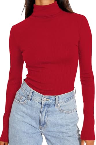 DUOEASE Longsleeve Damen Elegant Basic Rollkragen Tshirt Damen Slim Fit Gerippt Langarm Oberteile Herbst Winter Top(Rot XS von DUOEASE