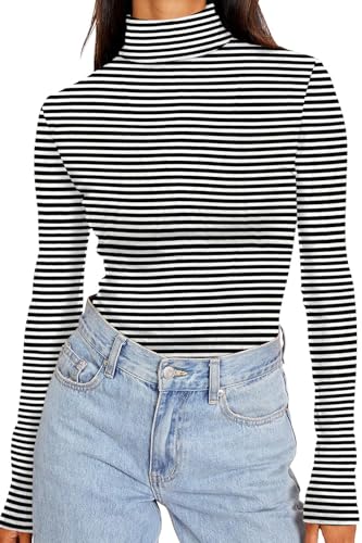 DUOEASE Longsleeve Damen Elegant Basic Rollkragen Tshirt Damen Slim Fit Gerippt Langarm Oberteile Herbst Winter Top(Schwarz-Weiß-Streifen XS von DUOEASE