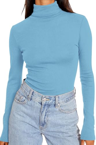DUOEASE Longsleeve Damen Slim Fit Einfarbig Basic Langarmshirt Damen Rollkragen Langarm Casual Tshirt Herbst Winter Top(Blau XL von DUOEASE