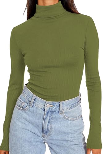 DUOEASE Longsleeve Damen Slim Fit Einfarbig Basic Langarmshirt Damen Rollkragen Langarm Casual Tshirt Herbst Winter Top(Olivgrün XL von DUOEASE