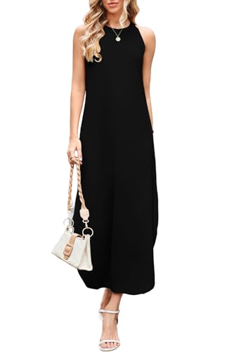 DUOEASE Maxikleid Damen Schwarz Sommer 2025 Leicht und Luftig Neckholder Strandkleid Damen Lang Lässige Luftig Kleid-Schwarz-XXL von DUOEASE