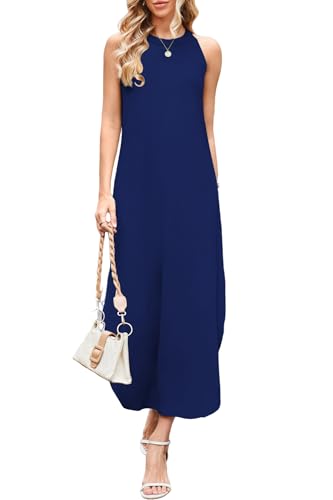DUOEASE Maxikleid Damen Sommer 2025 Leicht und Luftig Neckholder Strandkleid Damen Lang Lässige Luftig Kleid-Dunkelblau-L von DUOEASE