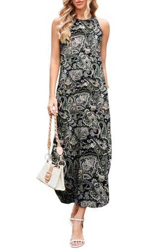 DUOEASE Maxikleid Damen Sommer 2025 Leicht und Luftig Neckholder Strandkleid Damen Lang Lässige Luftig Kleid-PaisleyGreen-XXL von DUOEASE
