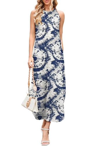 DUOEASE Maxikleid Damen Sommer 2025 Leicht und Luftig Neckholder Strandkleid Damen Lang Lässige Luftig Kleid-Tiedyeblau-L von DUOEASE
